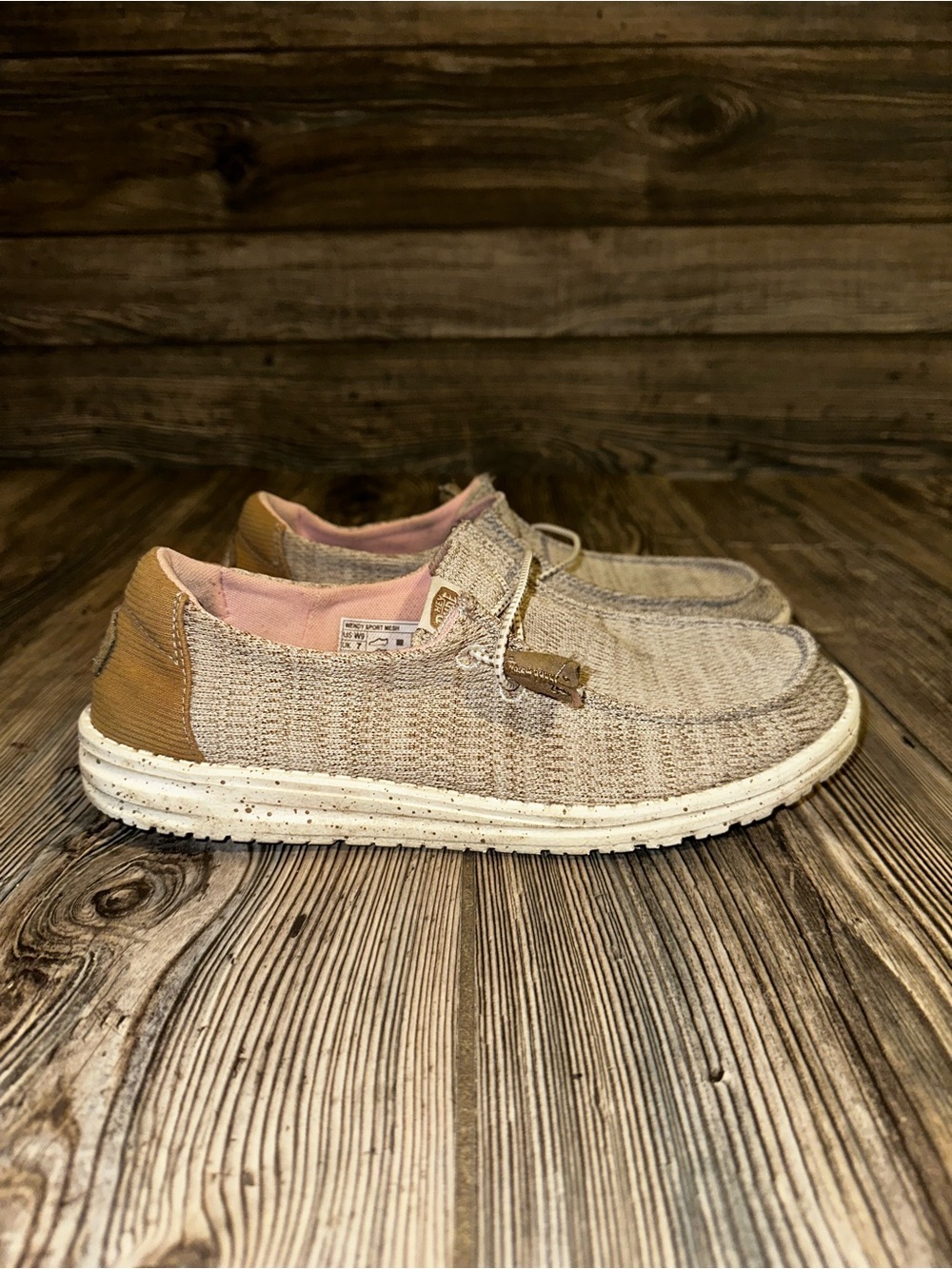 Hey Dude Wendy Sport Mesh Casual Knit Slip-On Sneakers Browns with Pink Lining 9
